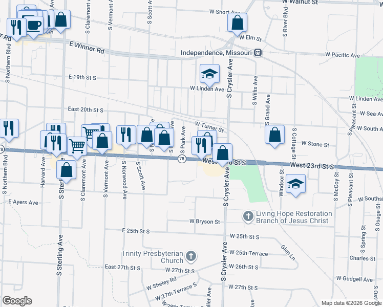 map of restaurants, bars, coffee shops, grocery stores, and more near 1114 South Woodland Avenue in Independence