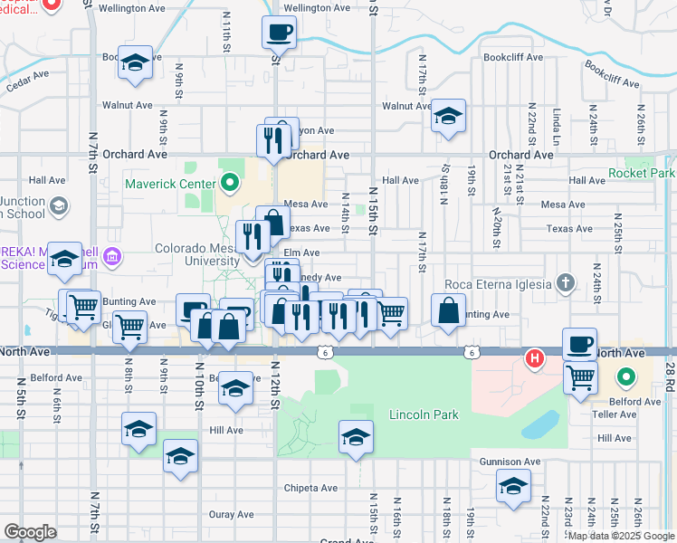 map of restaurants, bars, coffee shops, grocery stores, and more near 1368 Elm Avenue in Grand Junction