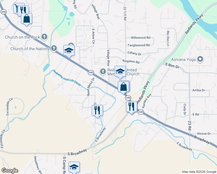 map of restaurants, bars, coffee shops, grocery stores, and more near 2229 Broadway in Grand Junction