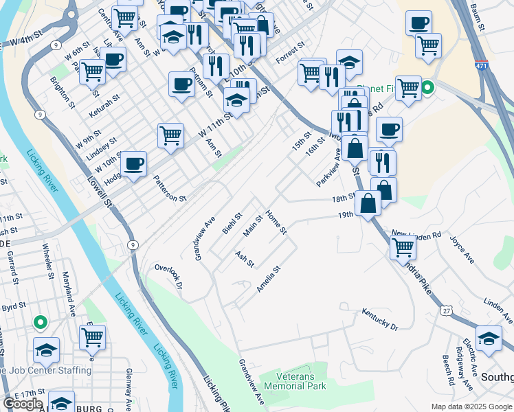 map of restaurants, bars, coffee shops, grocery stores, and more near 14 Home Street in Newport