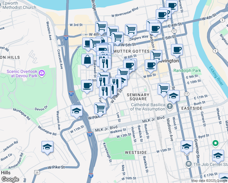 map of restaurants, bars, coffee shops, grocery stores, and more near 826 Willard Street in Covington