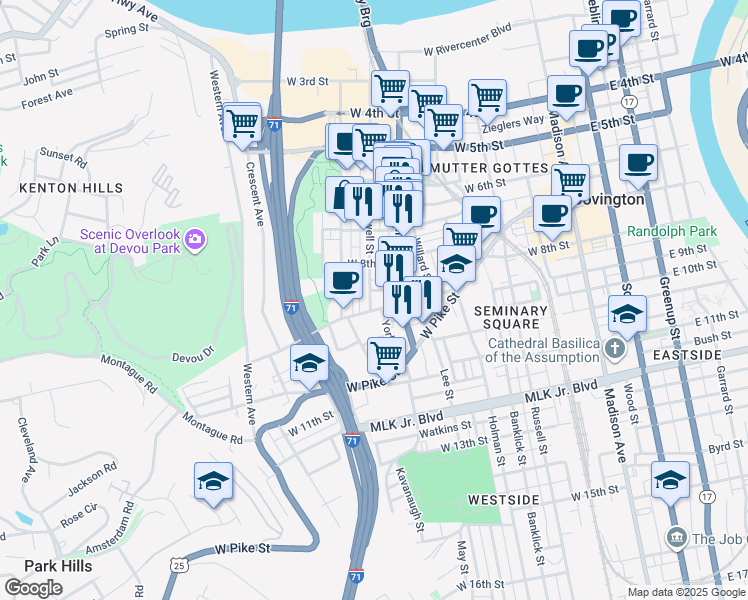 map of restaurants, bars, coffee shops, grocery stores, and more near 813 Bakewell Street in Covington