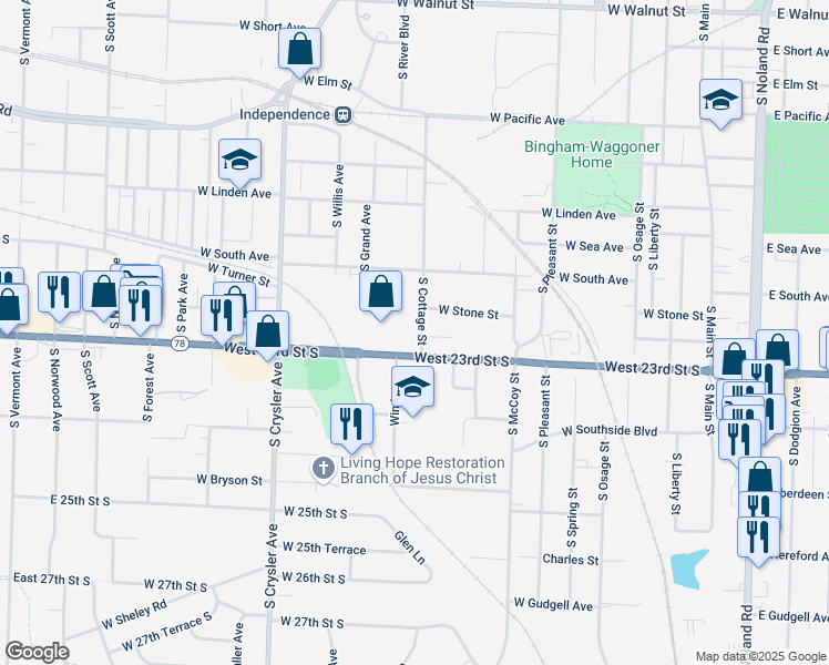 map of restaurants, bars, coffee shops, grocery stores, and more near 1025 South Cottage Street in Independence