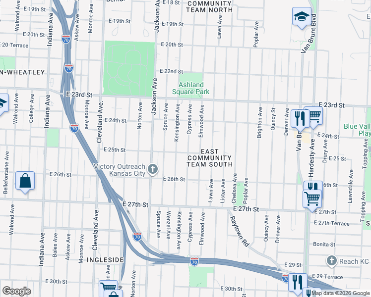 map of restaurants, bars, coffee shops, grocery stores, and more near 2431 Kensington Avenue in Kansas City