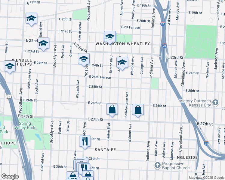 map of restaurants, bars, coffee shops, grocery stores, and more near 2450 Agnes Avenue in Kansas City