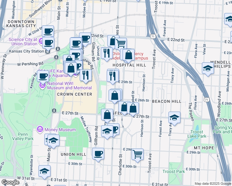 map of restaurants, bars, coffee shops, grocery stores, and more near 2512 Holmes Street in Kansas City