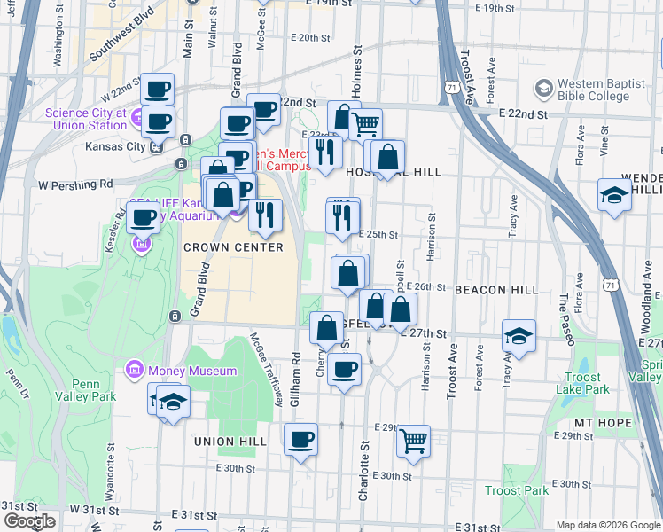 map of restaurants, bars, coffee shops, grocery stores, and more near 2512 Holmes Street in Kansas City