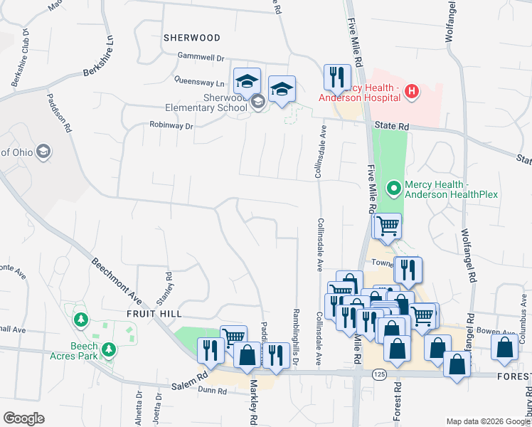 map of restaurants, bars, coffee shops, grocery stores, and more near 7182 Bluecrest Drive in Cincinnati