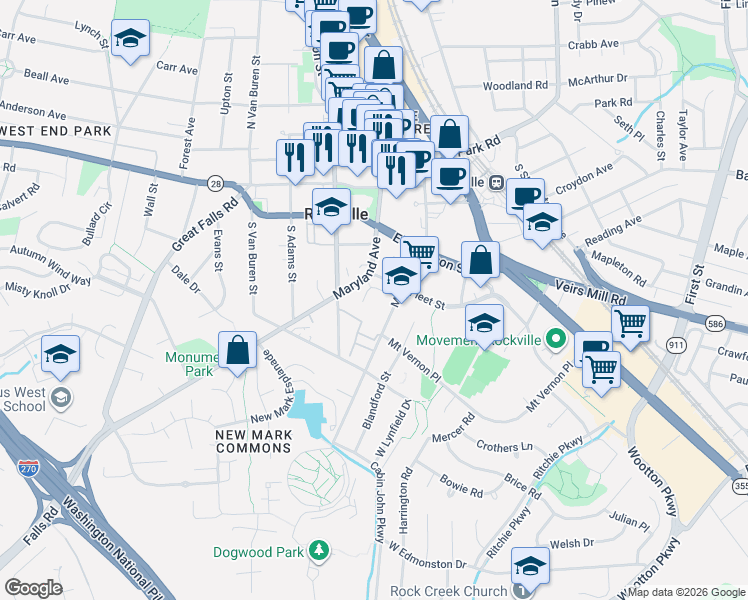 map of restaurants, bars, coffee shops, grocery stores, and more near 209 Monroe Street in Rockville