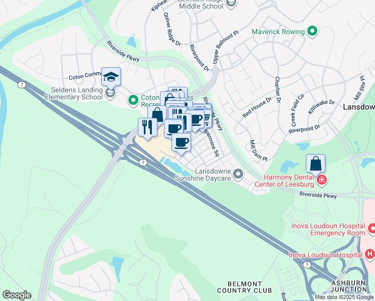 map of restaurants, bars, coffee shops, grocery stores, and more near 19416 Newton Pass Square in Leesburg