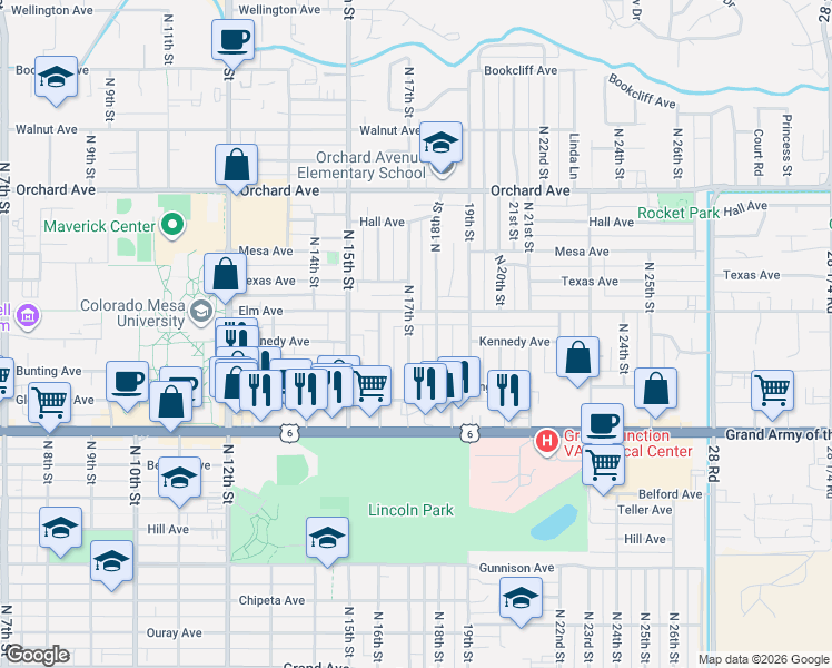 map of restaurants, bars, coffee shops, grocery stores, and more near 1730 Elm Avenue in Grand Junction