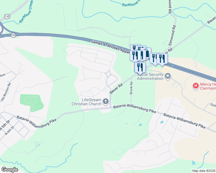map of restaurants, bars, coffee shops, grocery stores, and more near 2160 Villagepointe Drive in Batavia
