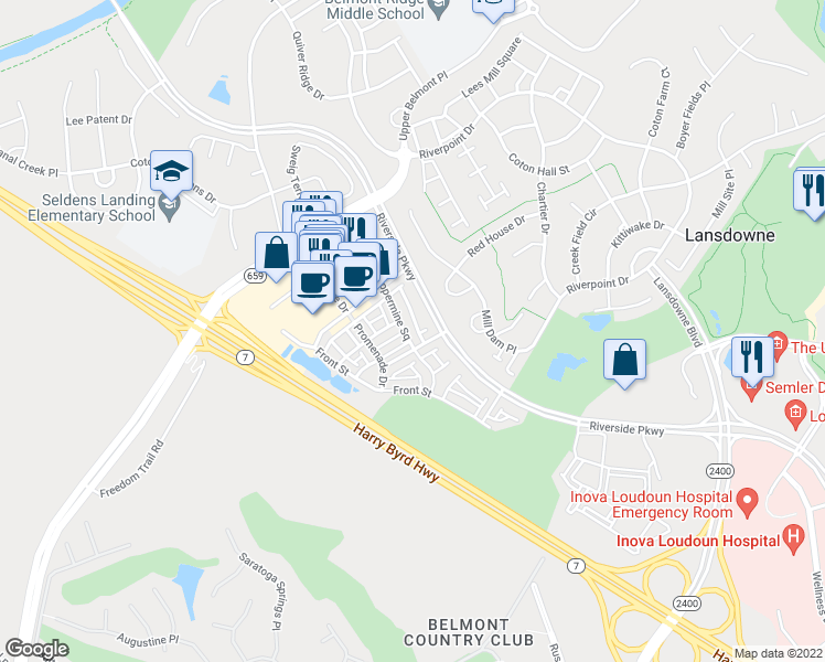 map of restaurants, bars, coffee shops, grocery stores, and more near 19398 Coppermine Square in Leesburg