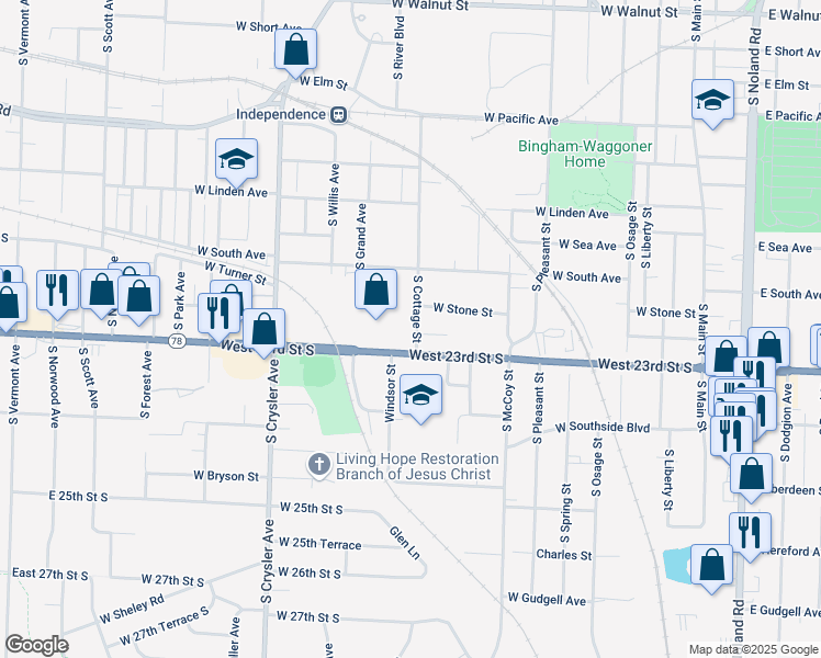 map of restaurants, bars, coffee shops, grocery stores, and more near 1025 South Cottage Street in Independence