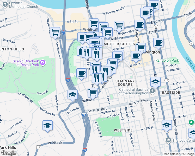 map of restaurants, bars, coffee shops, grocery stores, and more near 836 Main Street in Covington