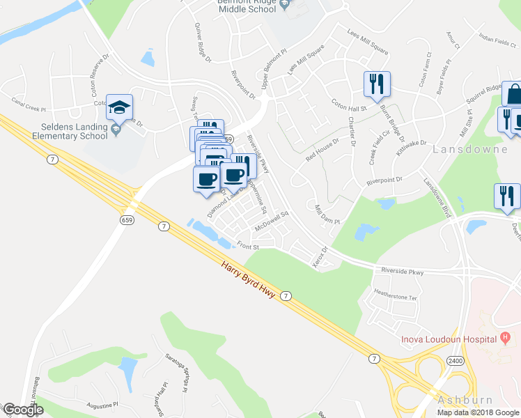 map of restaurants, bars, coffee shops, grocery stores, and more near 43595 Popes Creek Square in Leesburg