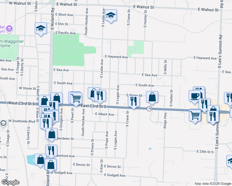 map of restaurants, bars, coffee shops, grocery stores, and more near 937 East South Avenue in Independence