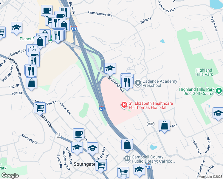 map of restaurants, bars, coffee shops, grocery stores, and more near 1360 North Grand Avenue in Newport
