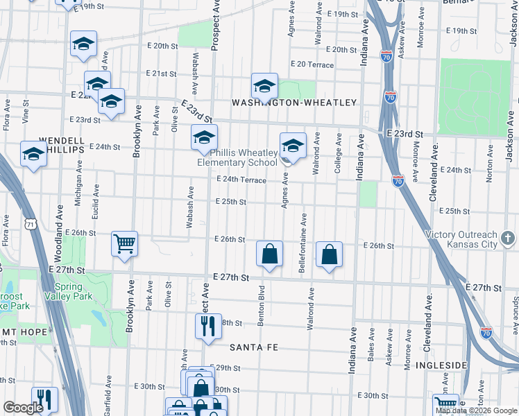 map of restaurants, bars, coffee shops, grocery stores, and more near 2453 Chestnut Avenue in Kansas City