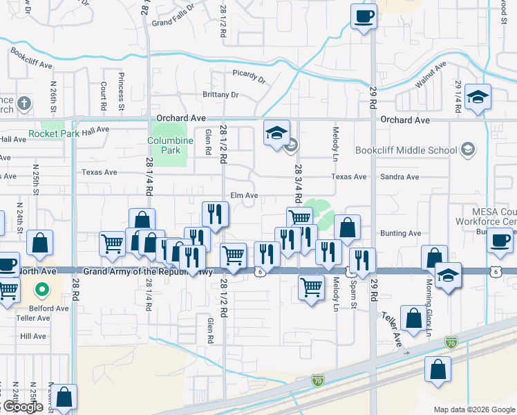 map of restaurants, bars, coffee shops, grocery stores, and more near 2859 Elm Circle in Grand Junction