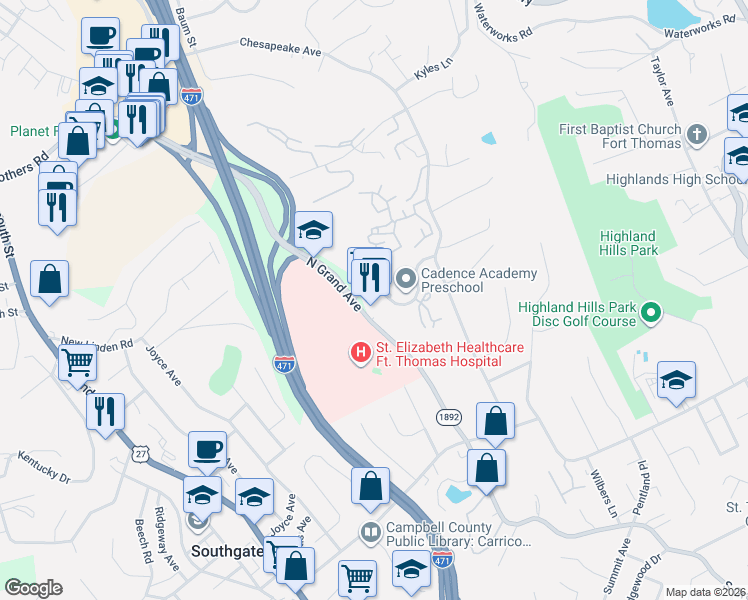 map of restaurants, bars, coffee shops, grocery stores, and more near 501 Stonewall Drive in Fort Thomas