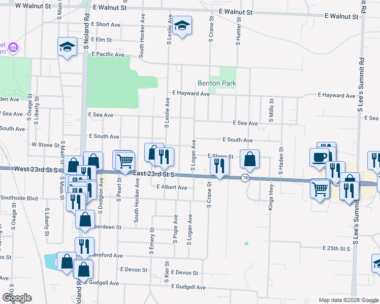 map of restaurants, bars, coffee shops, grocery stores, and more near 1004 South Logan Avenue in Independence