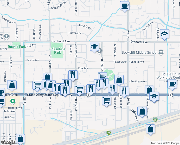 map of restaurants, bars, coffee shops, grocery stores, and more near 2863 Elm Avenue in Grand Junction