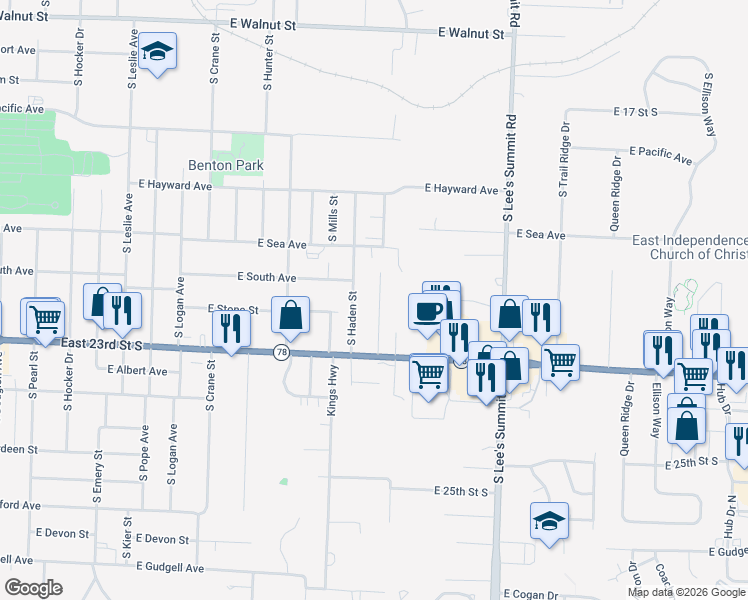 map of restaurants, bars, coffee shops, grocery stores, and more near 925 South Haden Street in Independence