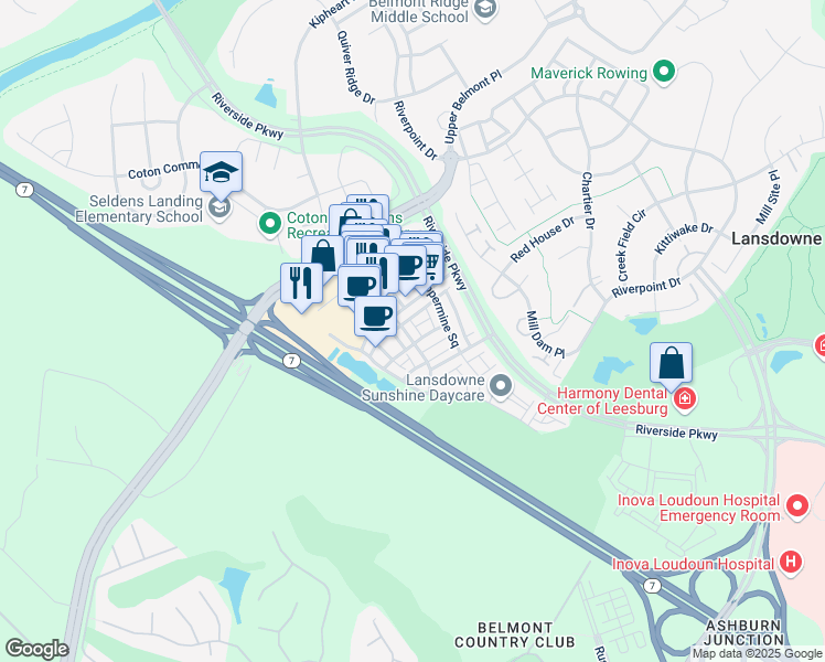 map of restaurants, bars, coffee shops, grocery stores, and more near 19458 Promenade Drive in Leesburg