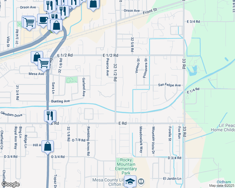 map of restaurants, bars, coffee shops, grocery stores, and more near 526 32 1/2 Road in Clifton