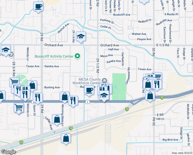 map of restaurants, bars, coffee shops, grocery stores, and more near 528 29 1/2 Road in Grand Junction