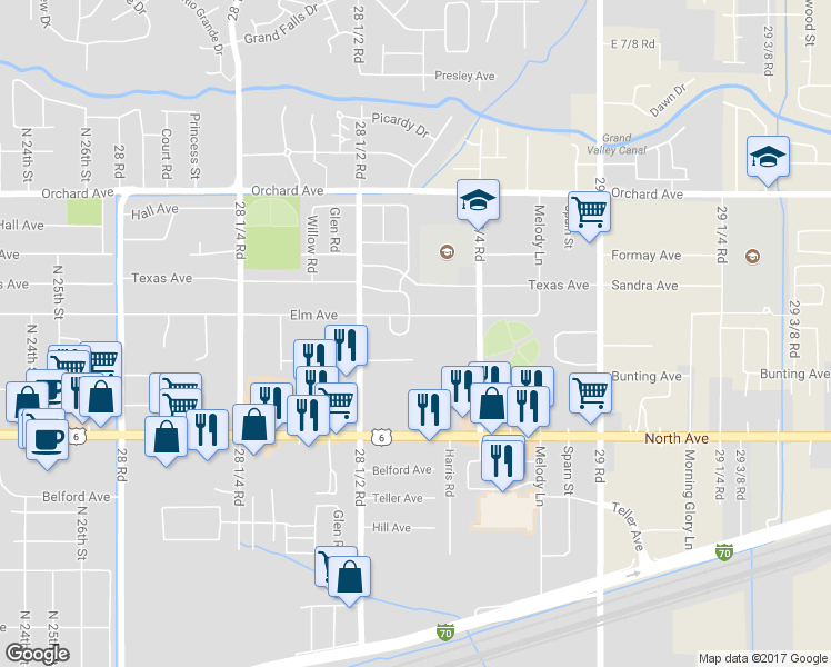 map of restaurants, bars, coffee shops, grocery stores, and more near 2860 Elm Avenue in Grand Junction