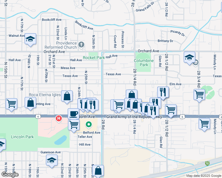 map of restaurants, bars, coffee shops, grocery stores, and more near 2802 Elm Avenue in Grand Junction