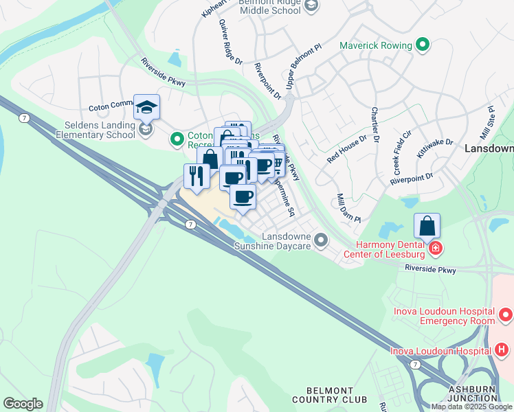 map of restaurants, bars, coffee shops, grocery stores, and more near 19441 Promenade Drive in Leesburg