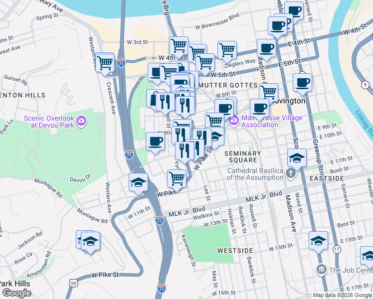 map of restaurants, bars, coffee shops, grocery stores, and more near 818 Main Street in Covington