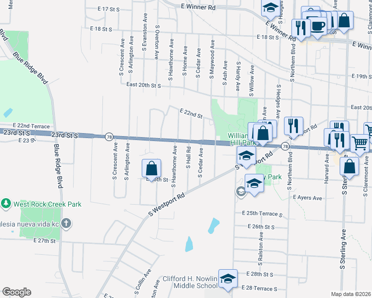 map of restaurants, bars, coffee shops, grocery stores, and more near 10034 Missouri 78 in Independence