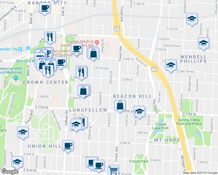 map of restaurants, bars, coffee shops, grocery stores, and more near 2510 Harrison Street in Kansas City