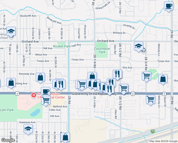 map of restaurants, bars, coffee shops, grocery stores, and more near 522 Eastgate Court in Grand Junction