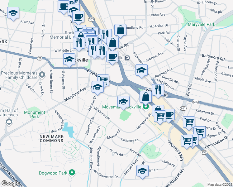 map of restaurants, bars, coffee shops, grocery stores, and more near Park Avenue in Rockville