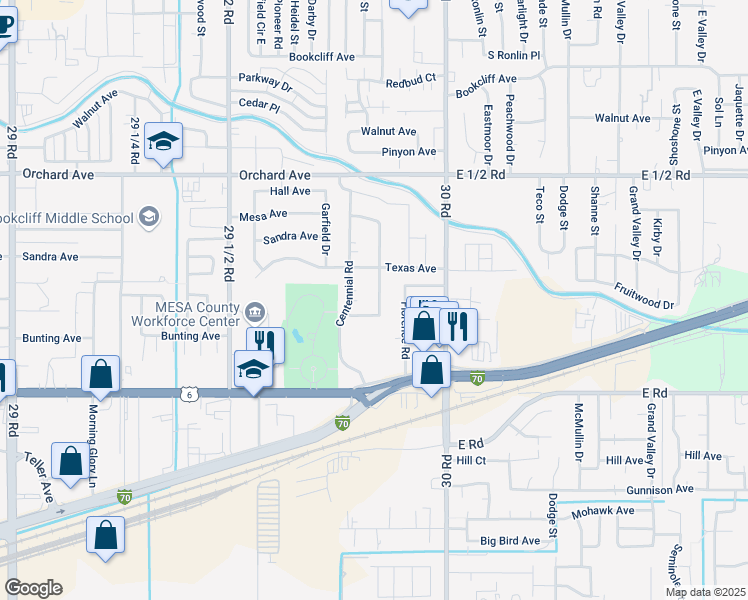 map of restaurants, bars, coffee shops, grocery stores, and more near 517 Placer Drive in Grand Junction