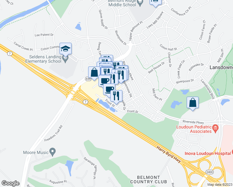 map of restaurants, bars, coffee shops, grocery stores, and more near 19447 Promenade Drive in Leesburg