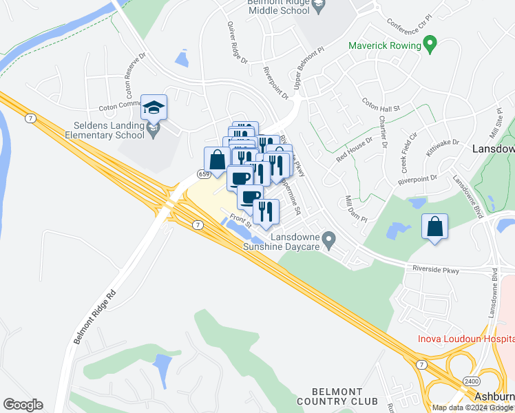 map of restaurants, bars, coffee shops, grocery stores, and more near 19410 Diamond Lake Drive in Leesburg