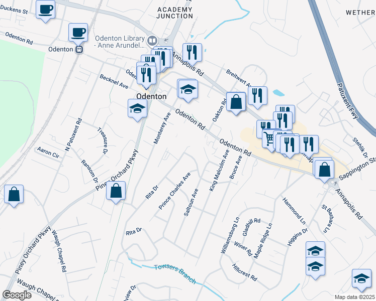 map of restaurants, bars, coffee shops, grocery stores, and more near 477 Rita Drive in Odenton