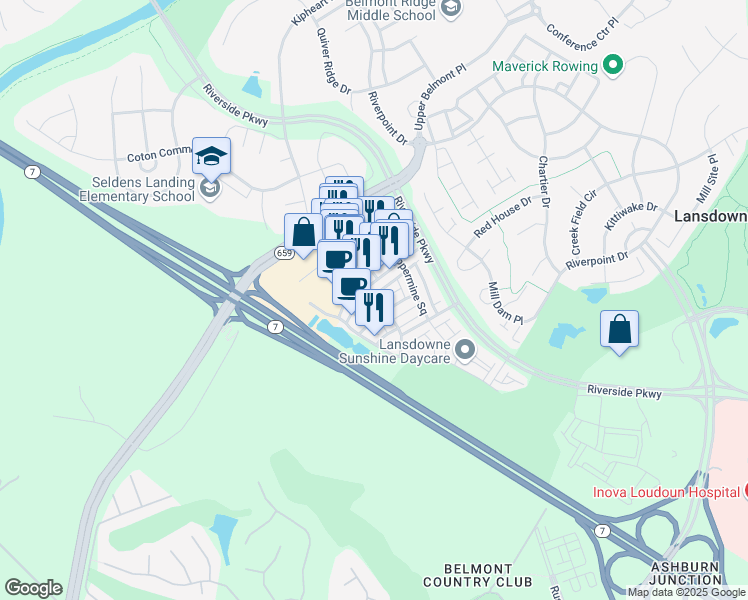 map of restaurants, bars, coffee shops, grocery stores, and more near 19441 Promenade Drive in Leesburg