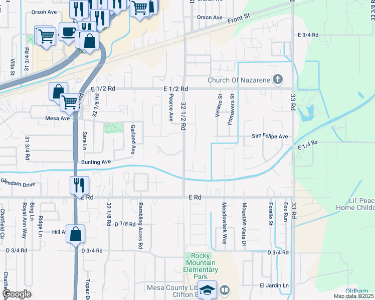 map of restaurants, bars, coffee shops, grocery stores, and more near 522 32 1/2 Road in Clifton