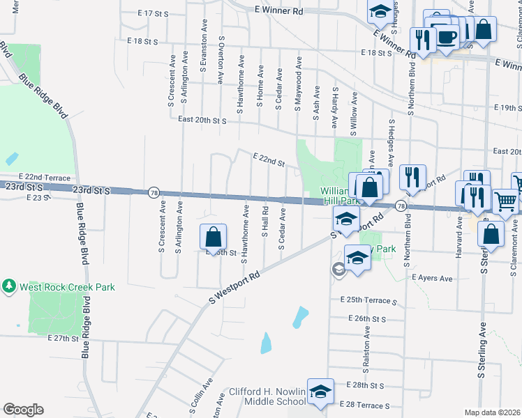 map of restaurants, bars, coffee shops, grocery stores, and more near 10034 Missouri 78 in Independence