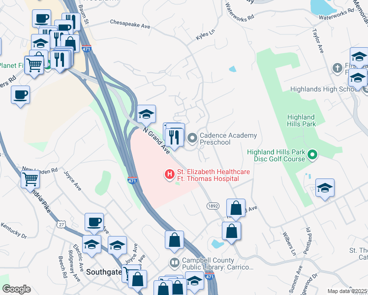 map of restaurants, bars, coffee shops, grocery stores, and more near 190 Stonewall Dr in Fort Thomas