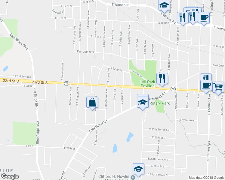 map of restaurants, bars, coffee shops, grocery stores, and more near 2304 South Hall Road in Independence
