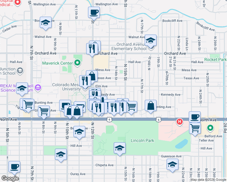 map of restaurants, bars, coffee shops, grocery stores, and more near 1368 Elm Avenue in Grand Junction