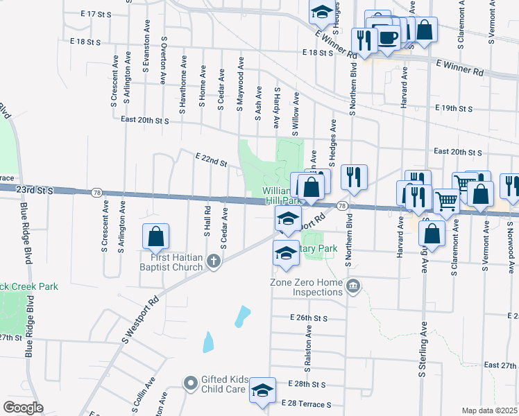 map of restaurants, bars, coffee shops, grocery stores, and more near 10205 East 23rd Street South in Independence